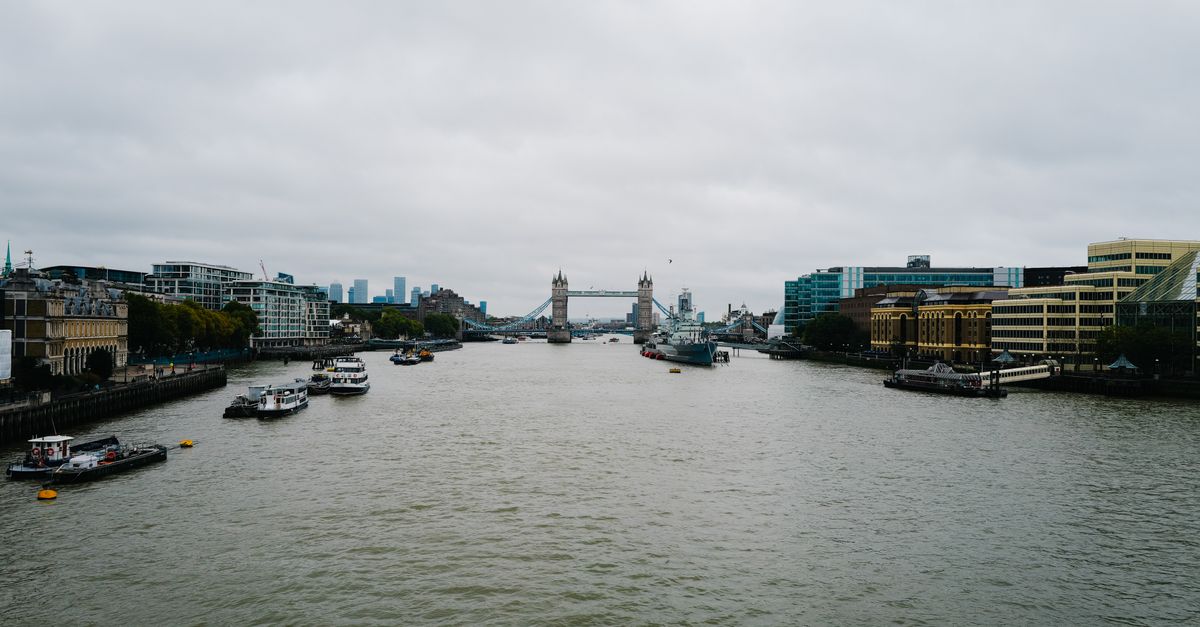 A scenic view of the River Thames and Tower Bridge under an overcast sky in London.